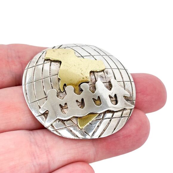 Vintage Sterling Silver 925 Mixed Metals Globe Unity Brooch Pin - Picture 1 of 7